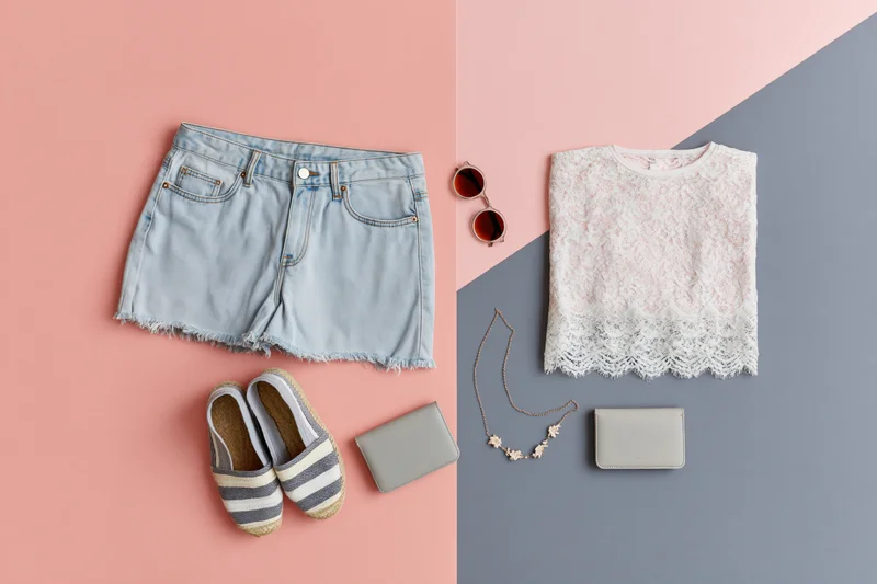 Flat lay of women's summer outfit with denim shorts, lace top, espadrilles, wallet, sunglasses and necklace on pink and gray background