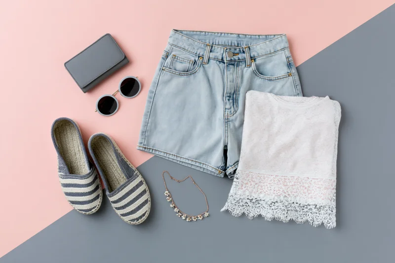 Flat lay of women's summer outfit with denim shorts, lace top, espadrilles, sunglasses, wallet and necklace on pink and gray background