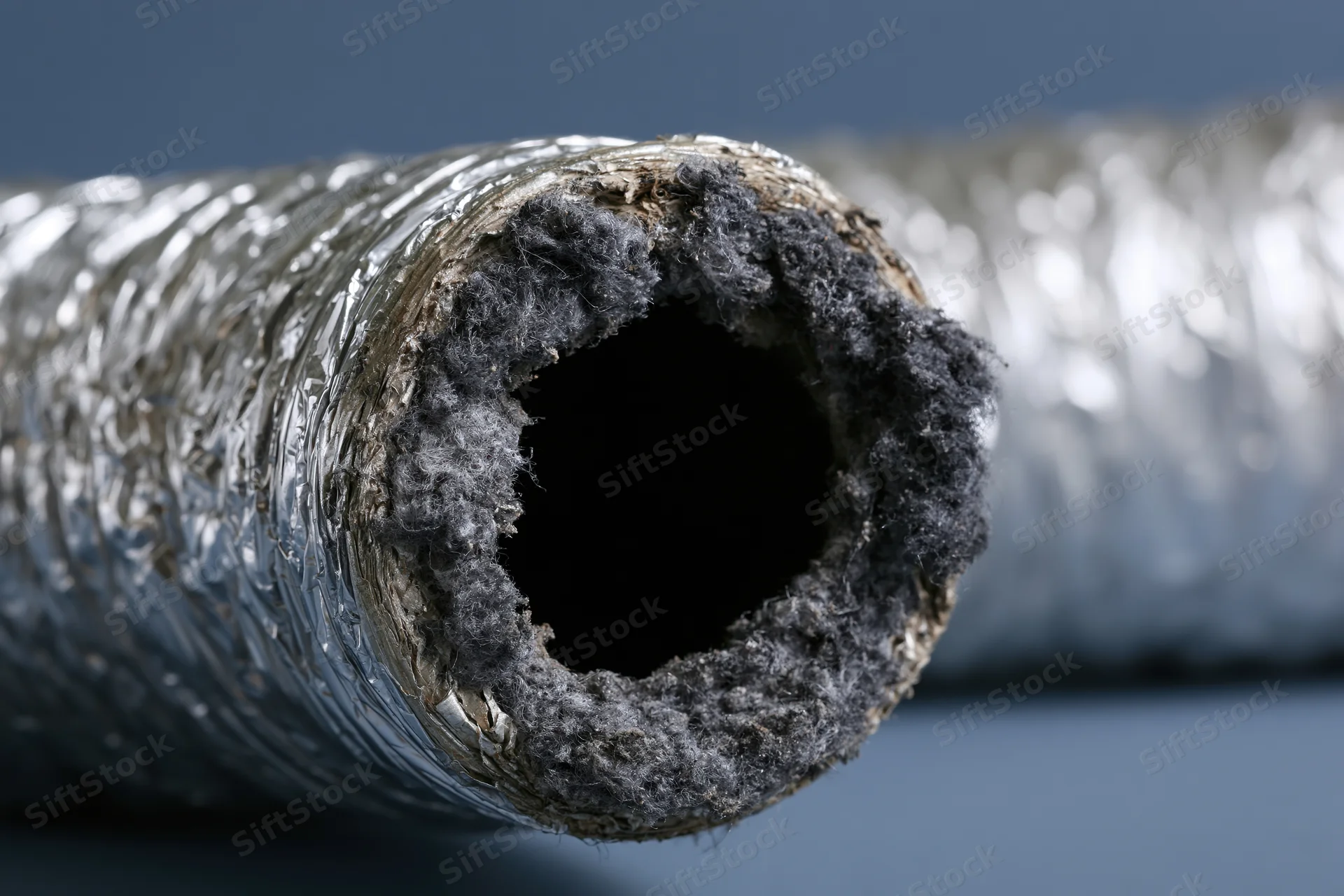 Closeup of a clogged flexible aluminum dryer vent duct showing lint buildup inside