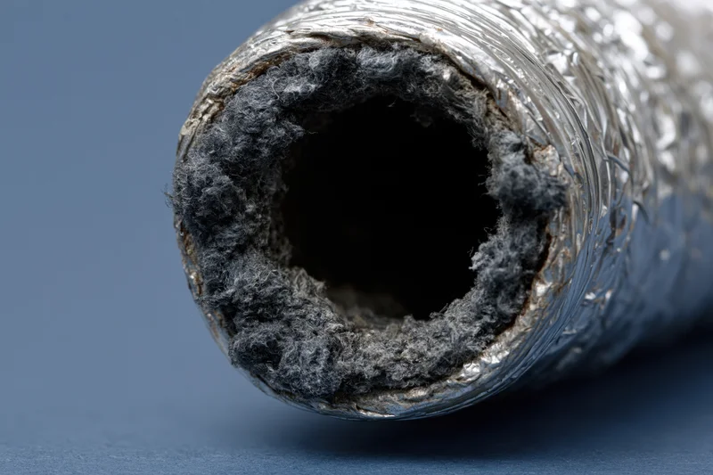 Closeup of a clogged flexible aluminum dryer vent duct showing lint buildup inside