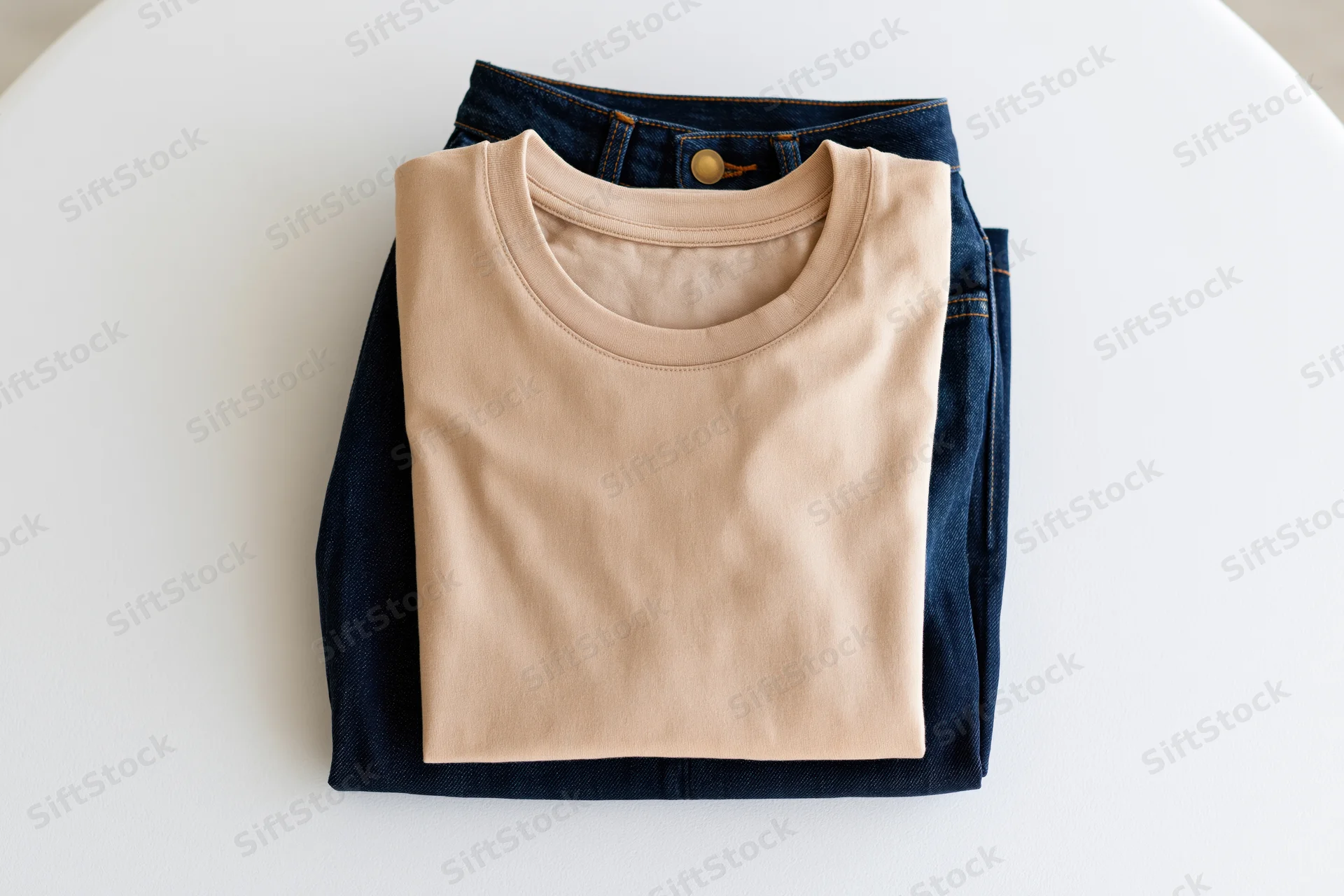 Folded beige crew-neck t-shirt stacked on top of neatly folded dark denim jeans on white surface