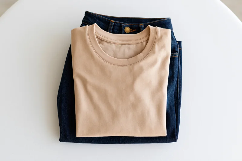 Folded beige crew-neck t-shirt stacked on top of neatly folded dark denim jeans on white surface