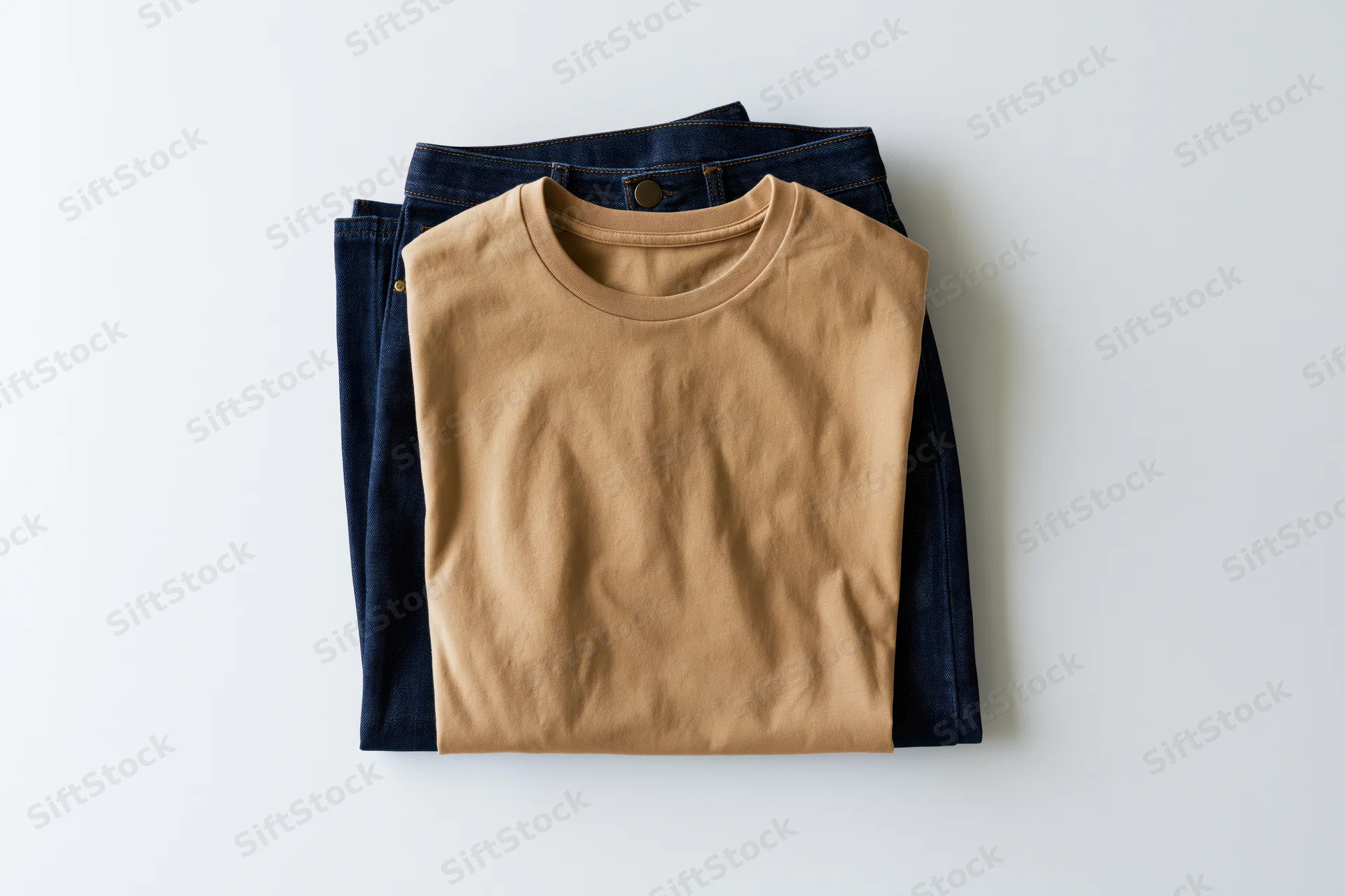 Folded beige crew-neck t-shirt stacked on top of neatly folded dark denim jeans on white background