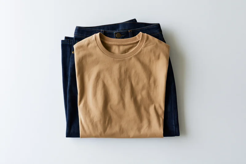 Folded beige crew-neck t-shirt stacked on top of neatly folded dark denim jeans on white background