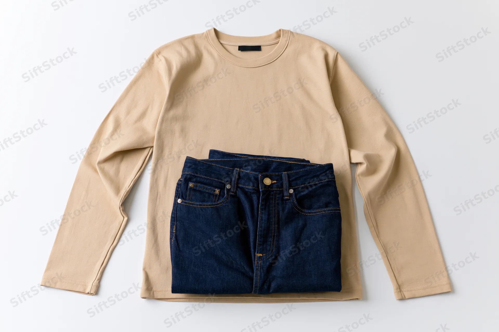 Beige long-sleeve t-shirt folded with dark blue jeans stacked on top, flat lay on white background