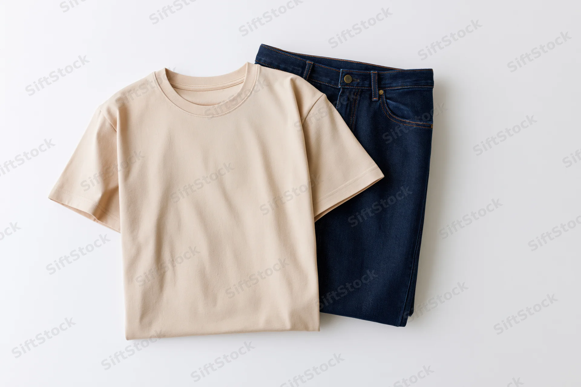 Folded beige crew-neck t-shirt stacked on top of neatly folded dark blue jeans on white surface
