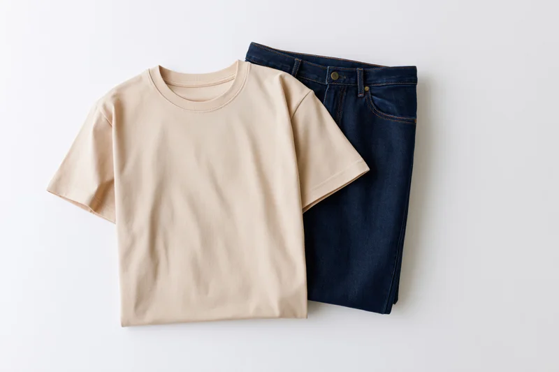 Folded beige crew-neck t-shirt stacked on top of neatly folded dark blue jeans on white surface