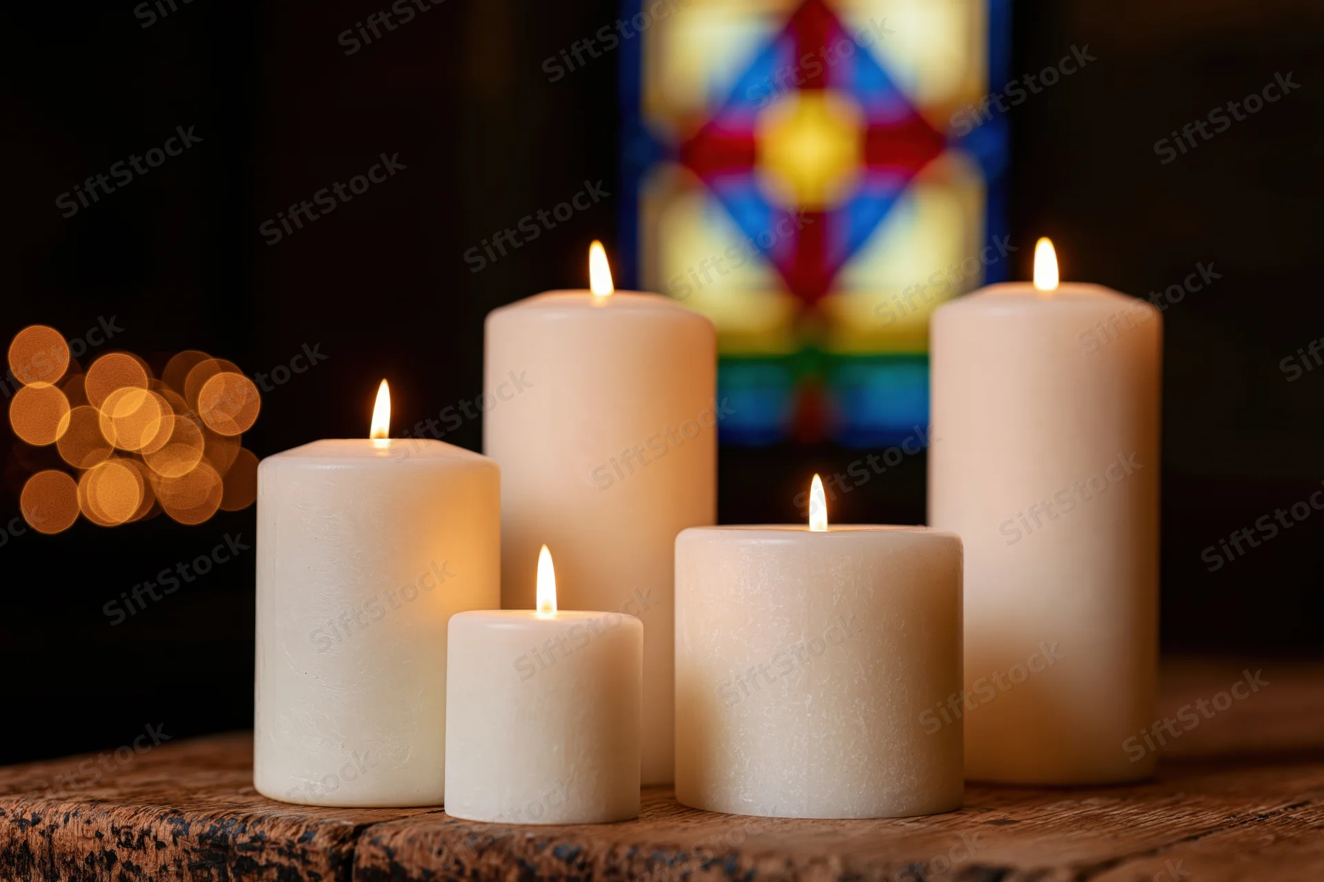 Five white pillar candles lit on a wooden table in front of stained glass window in church interior