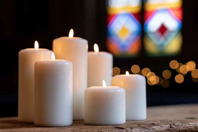 White pillar candles burning on a wooden table in front of stained glass window