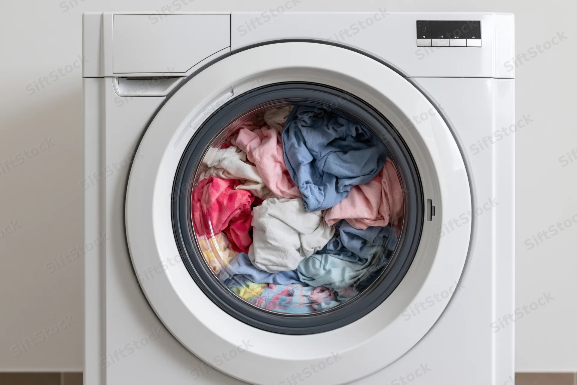 Front-loading washing machine with colorful clothes inside, viewed from front in a home setting