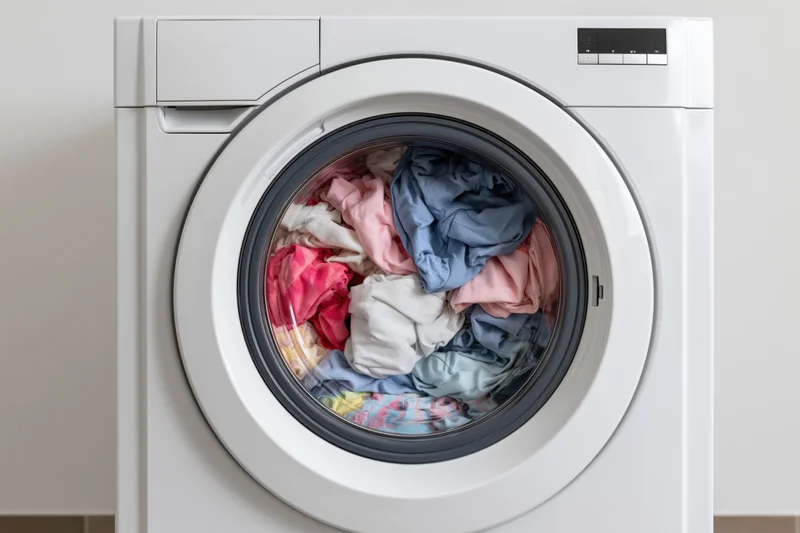 Front-loading washing machine with colorful clothes inside, viewed from front in a home setting