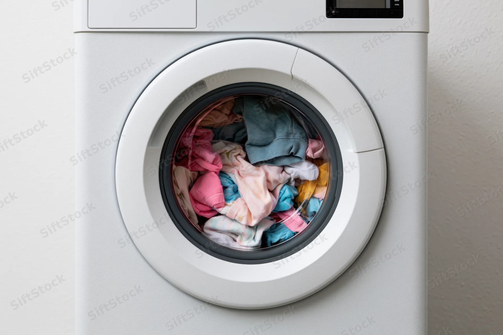 Front-loading washing machine with colorful clothes inside, viewed from front in a home setting