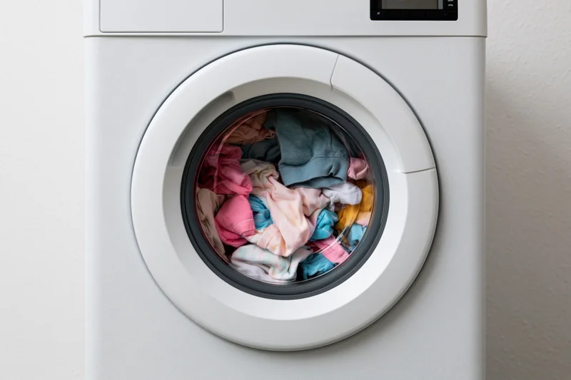 Front-loading washing machine with colorful clothes inside, viewed from front in a home setting
