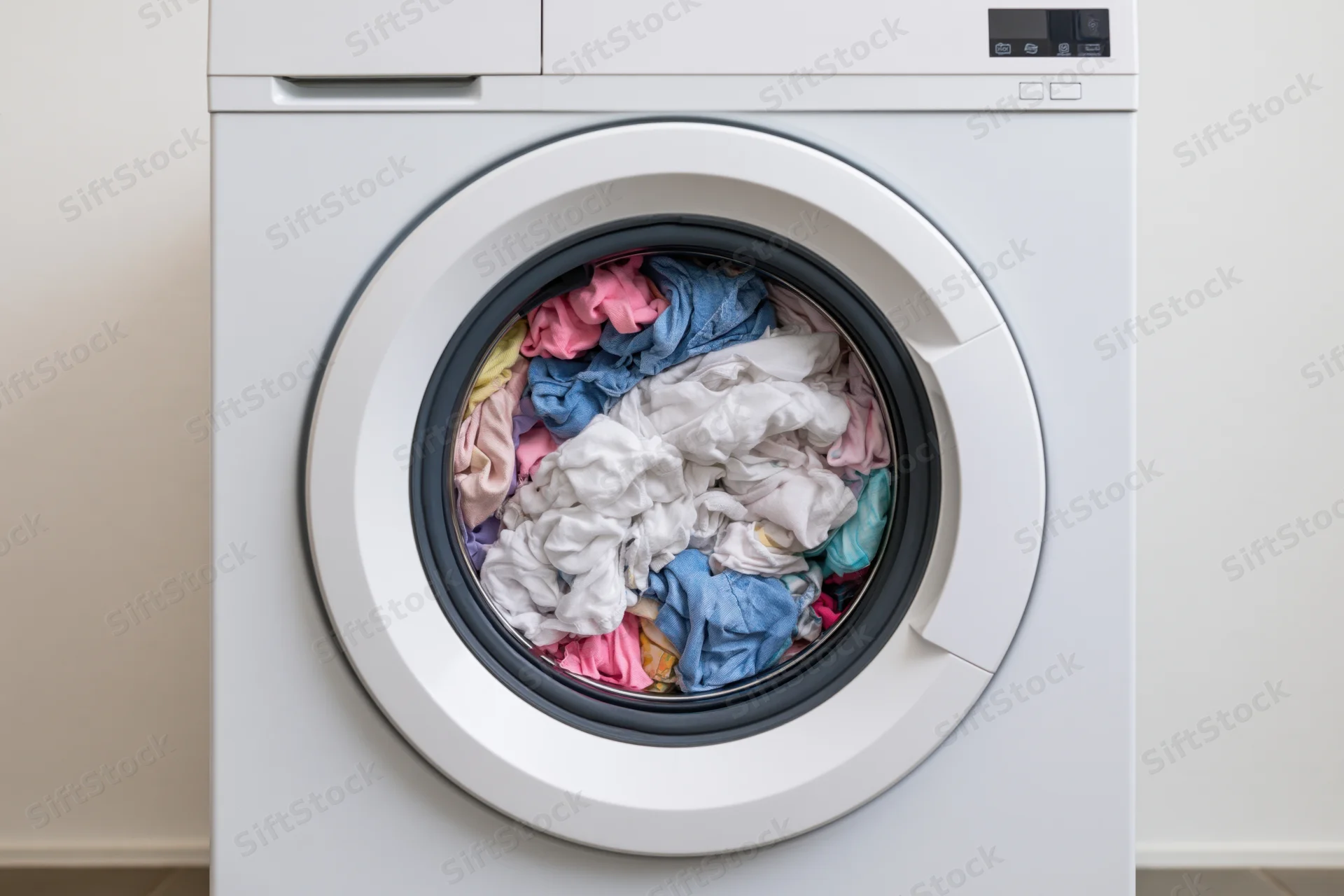 Front-loading washing machine with colorful clothes inside, in a laundry room setting