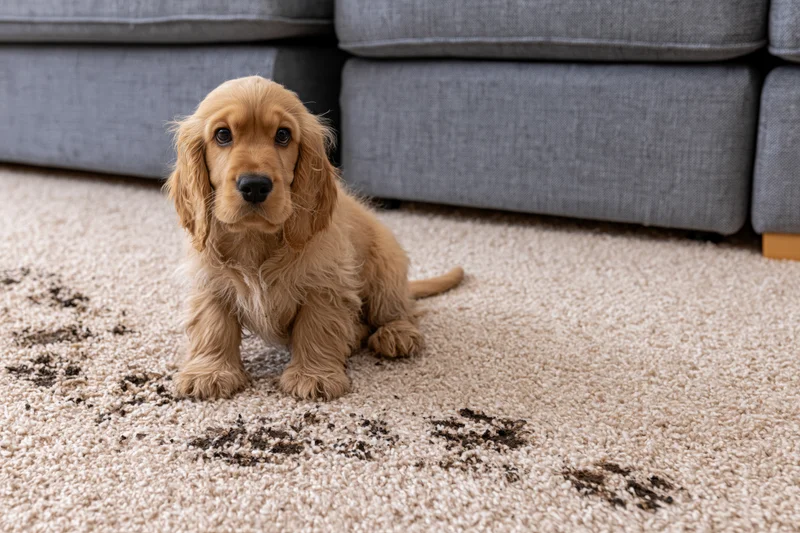 Golden cocker spaniel puppy sitting on cream carpet with paw prints near gray sofa