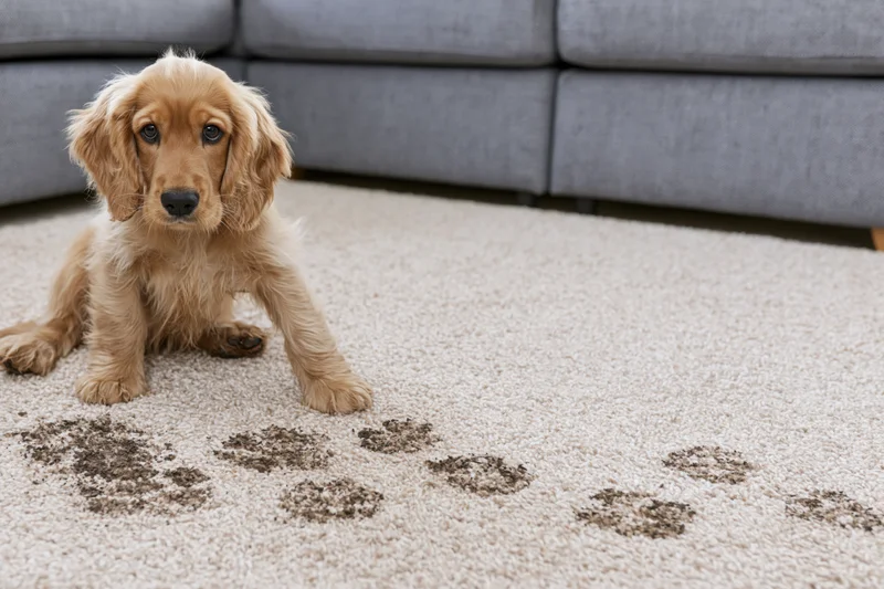 Golden cocker spaniel puppy sitting on cream carpet with muddy pawprints leading away from it near gray sofa