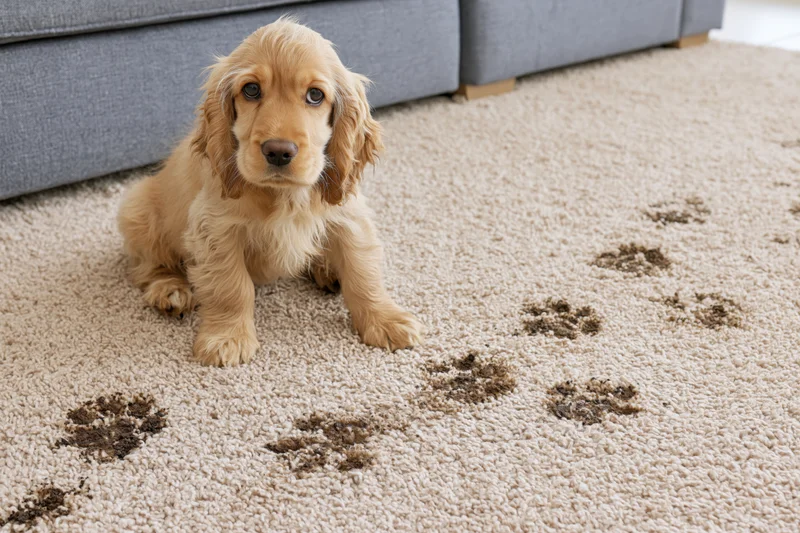 Golden cocker spaniel puppy sitting on cream carpet with muddy paw prints beside gray sofa