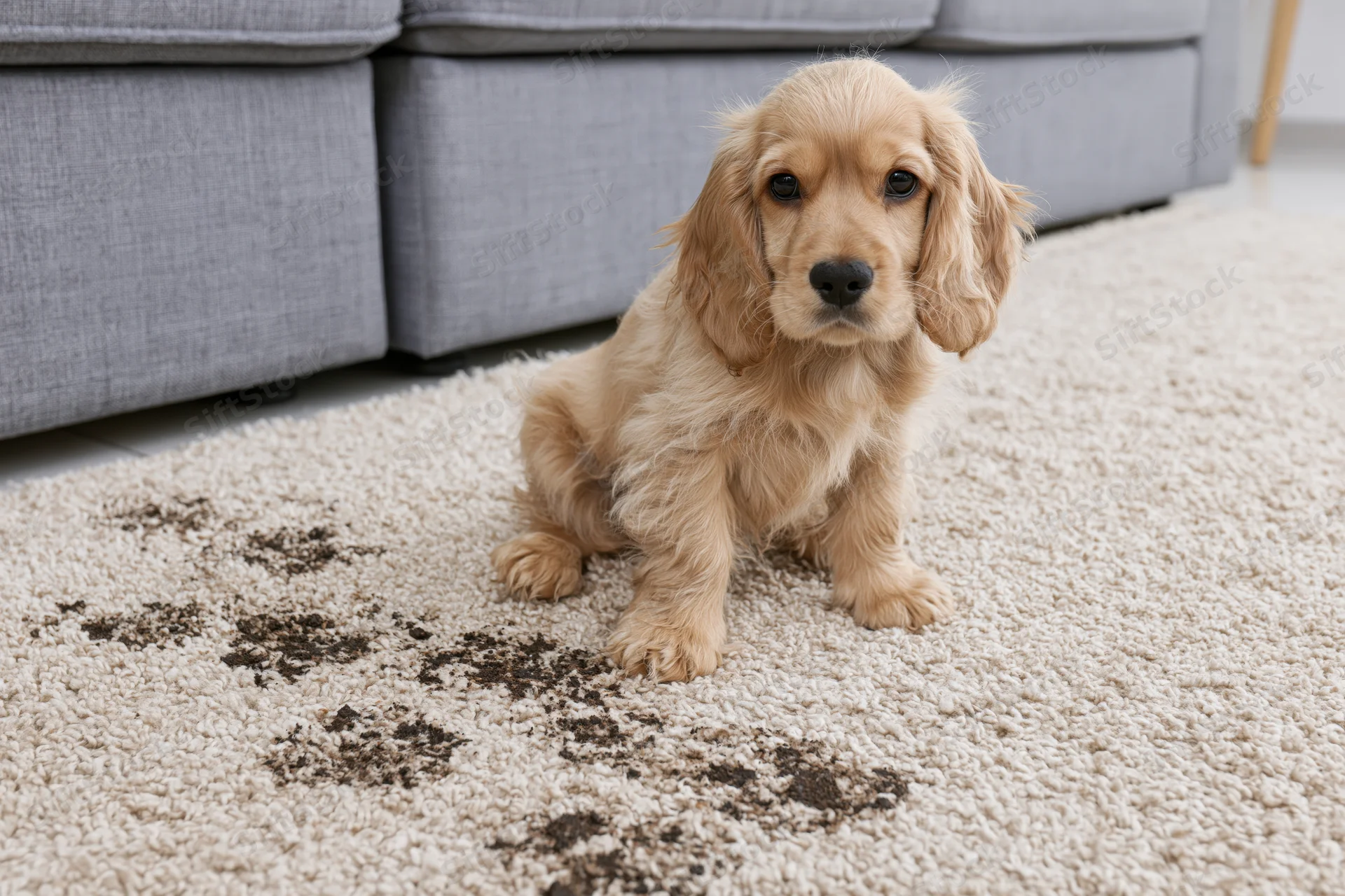 Golden cocker spaniel puppy sitting on cream carpet beside gray sofa with dark stains on floor