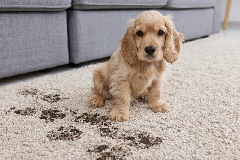 Golden cocker spaniel puppy sitting on cream carpet beside gray sofa with dark stains on floor