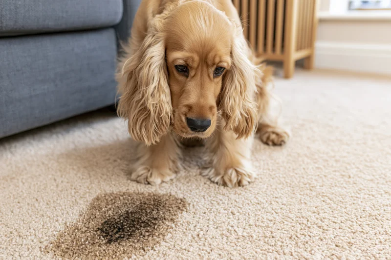 Golden cocker spaniel puppy looking down at wet stain on beige carpet near couch