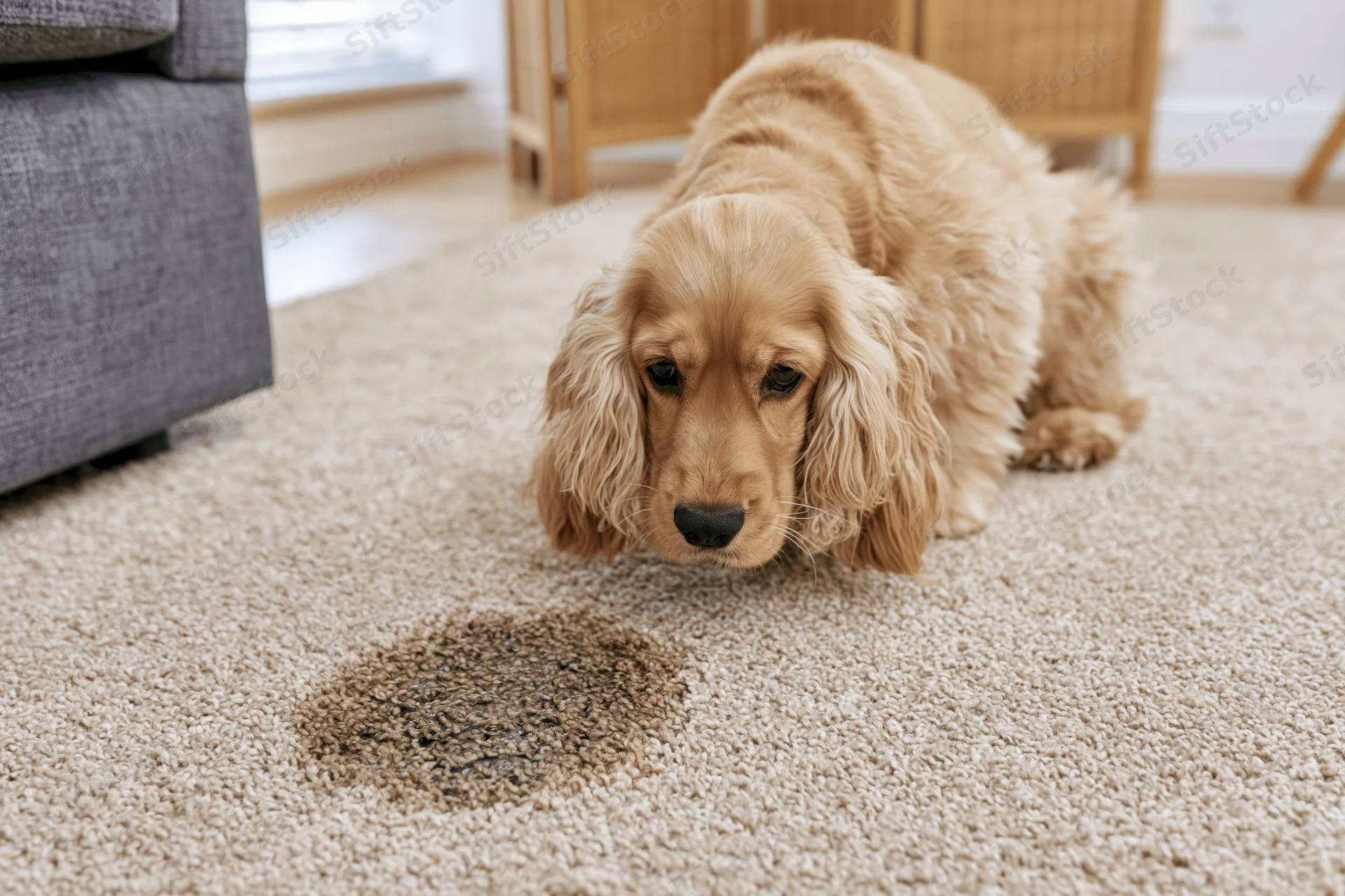 Golden cocker spaniel lying on beige carpet next to wet stain