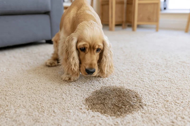 Golden cocker spaniel looking down at wet stain on beige carpet in living room