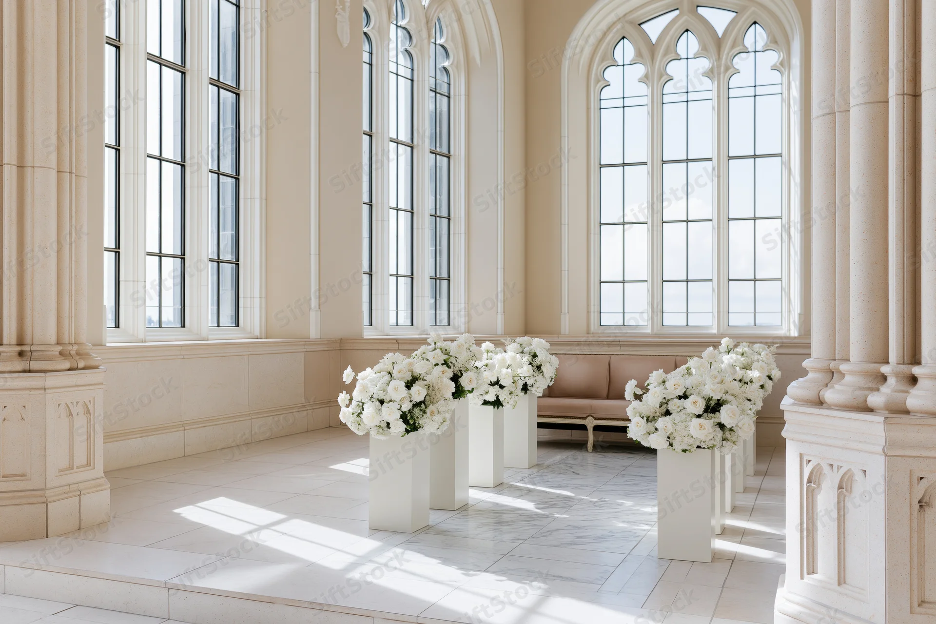 White floral arrangements on vases in a gothic chapel interior with sunlight streaming through arched windows