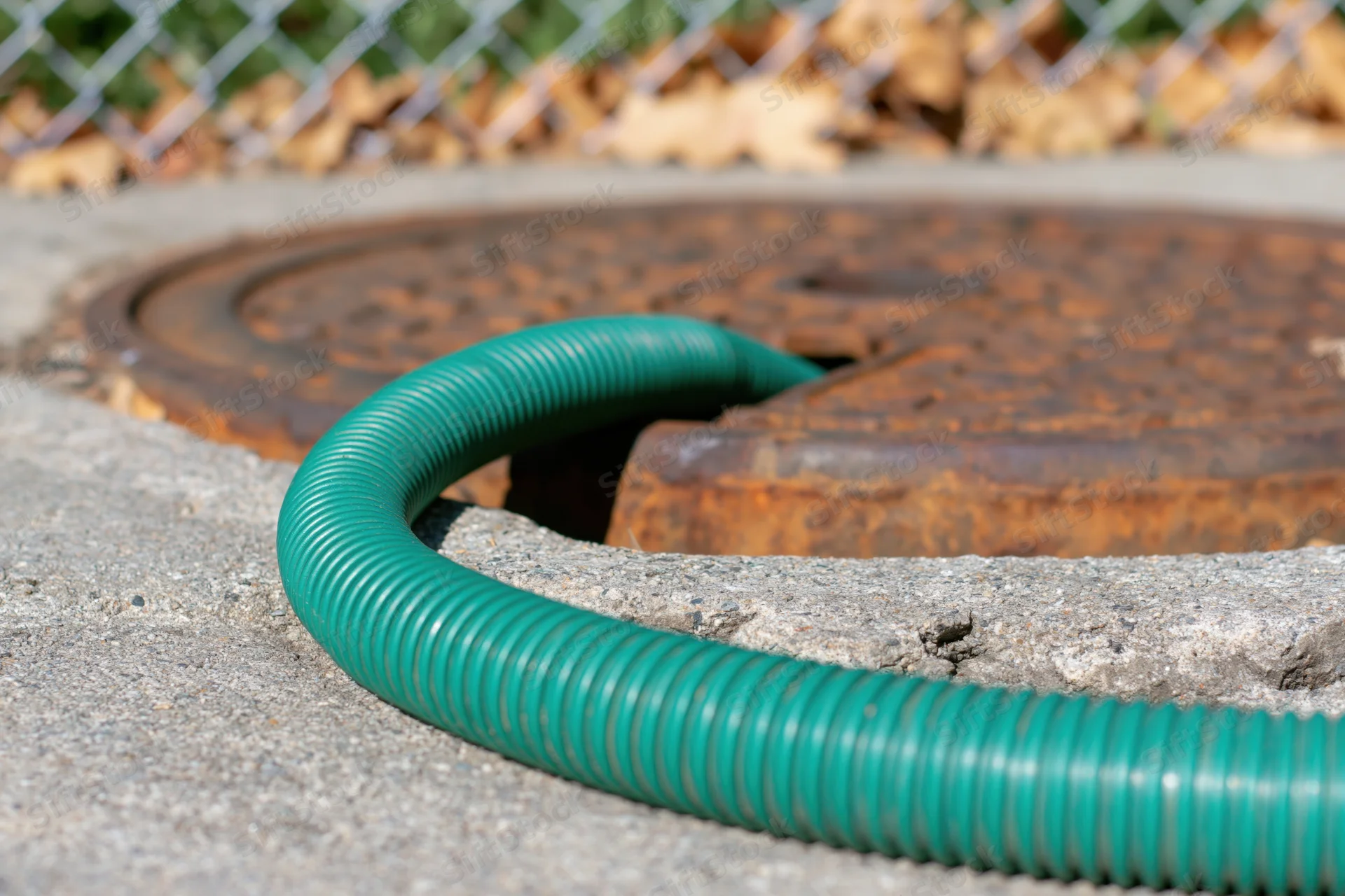 Green corrugated hose curving over edge of rusted manhole cover on concrete pavement