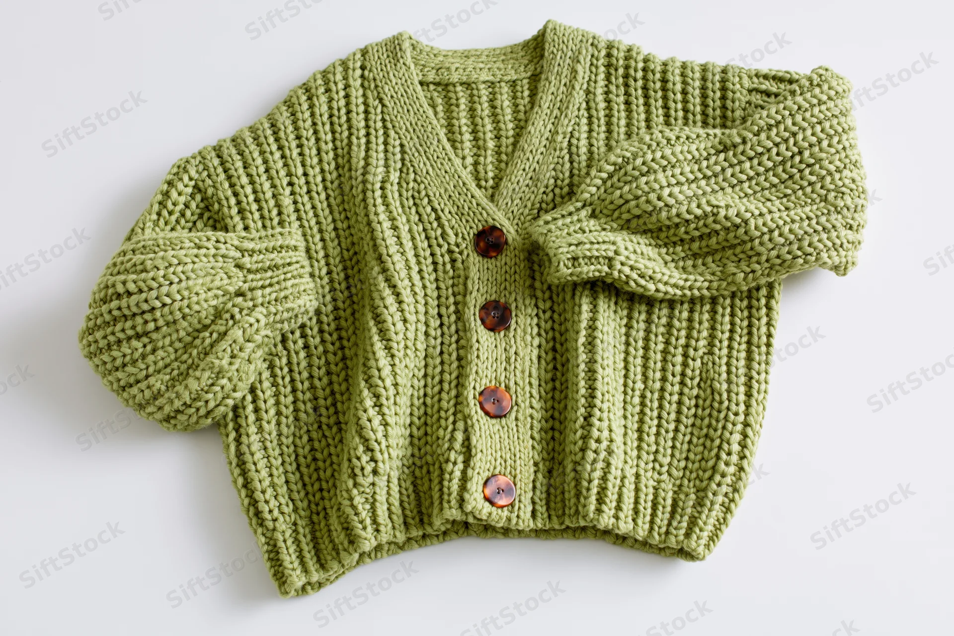 Green knit cardigan laid flat with one sleeve raised on white background