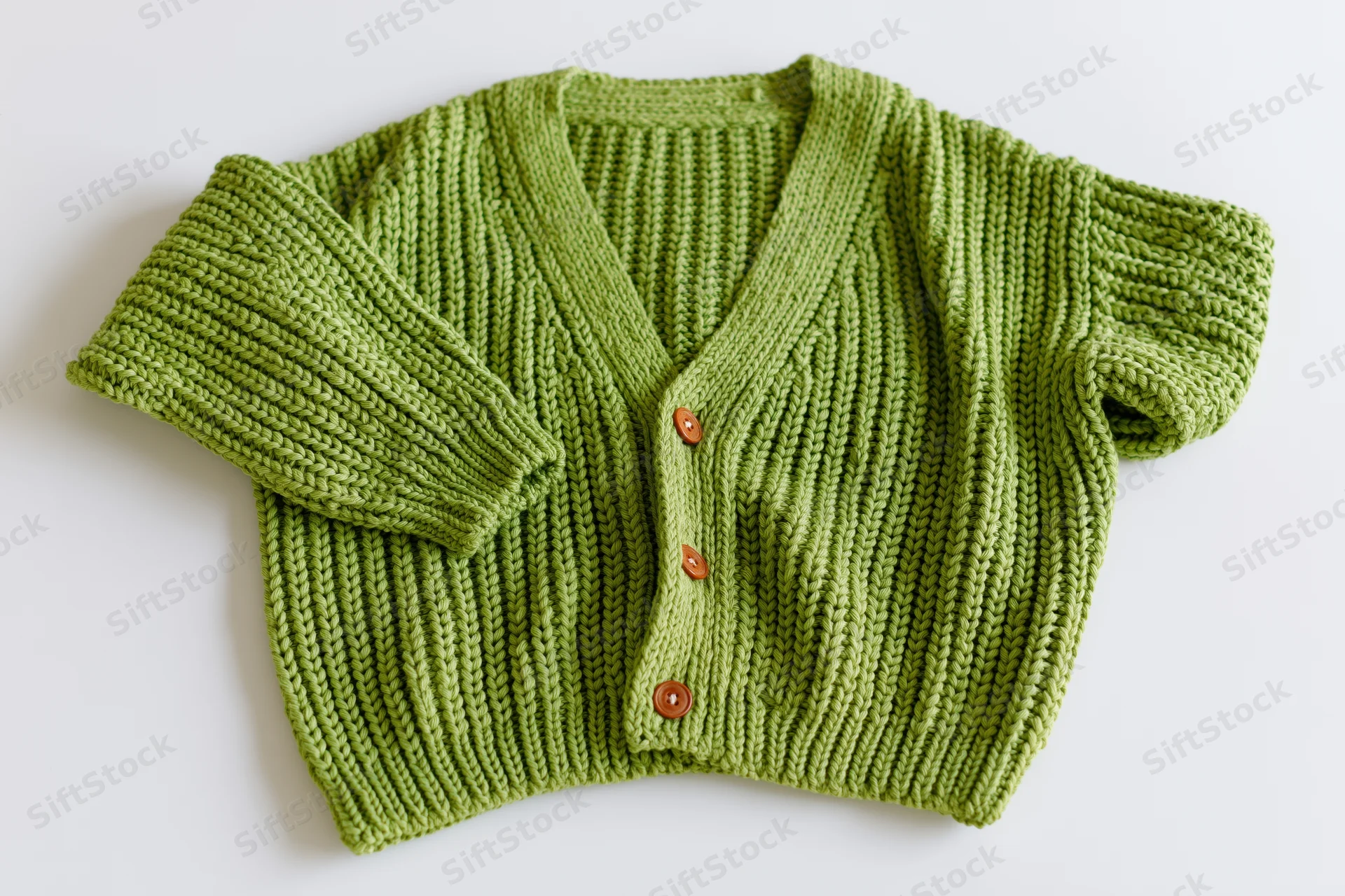 Green knit cardigan sweater laid flat with one sleeve raised on white background