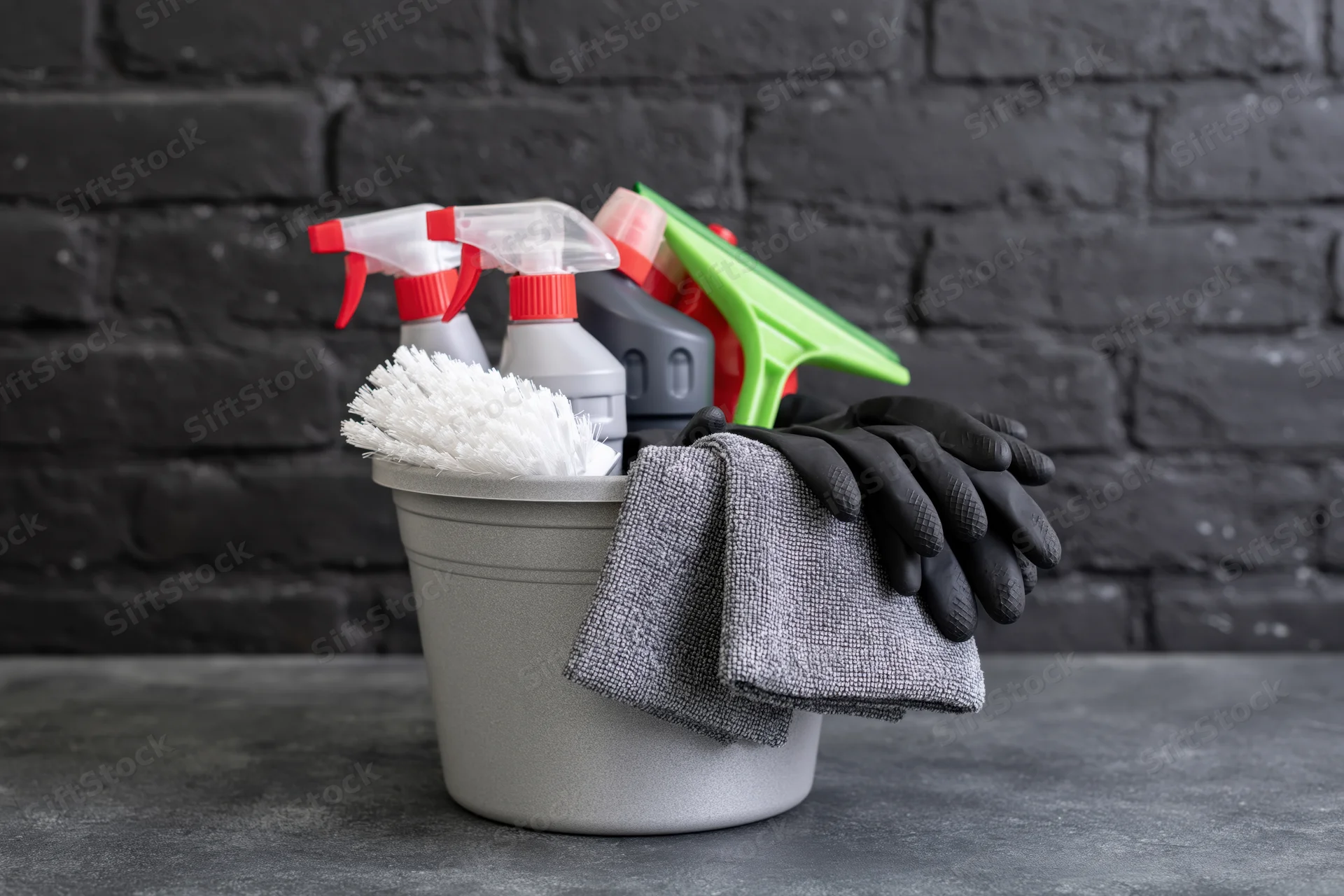 Gray plastic bucket filled with cleaning supplies including spray bottles, gloves, cloth, brush and squeegee on dark brick background