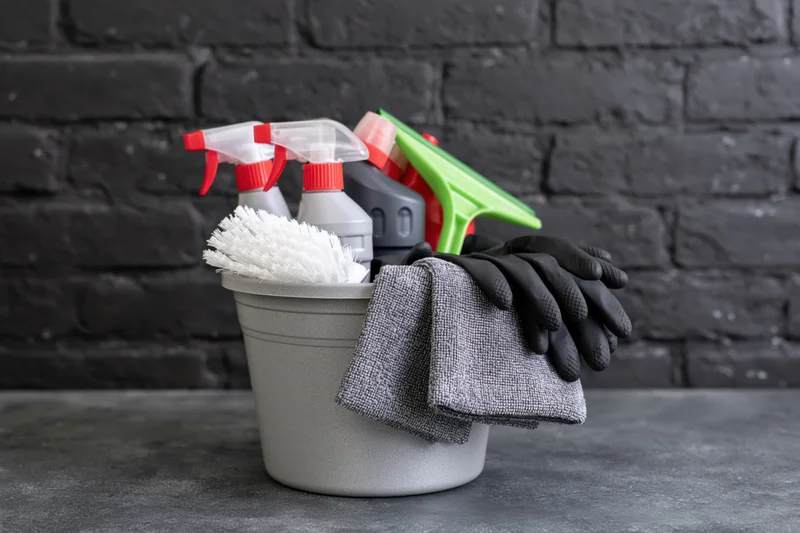Gray plastic bucket filled with cleaning supplies including spray bottles, gloves, cloth, brush and squeegee on dark brick background