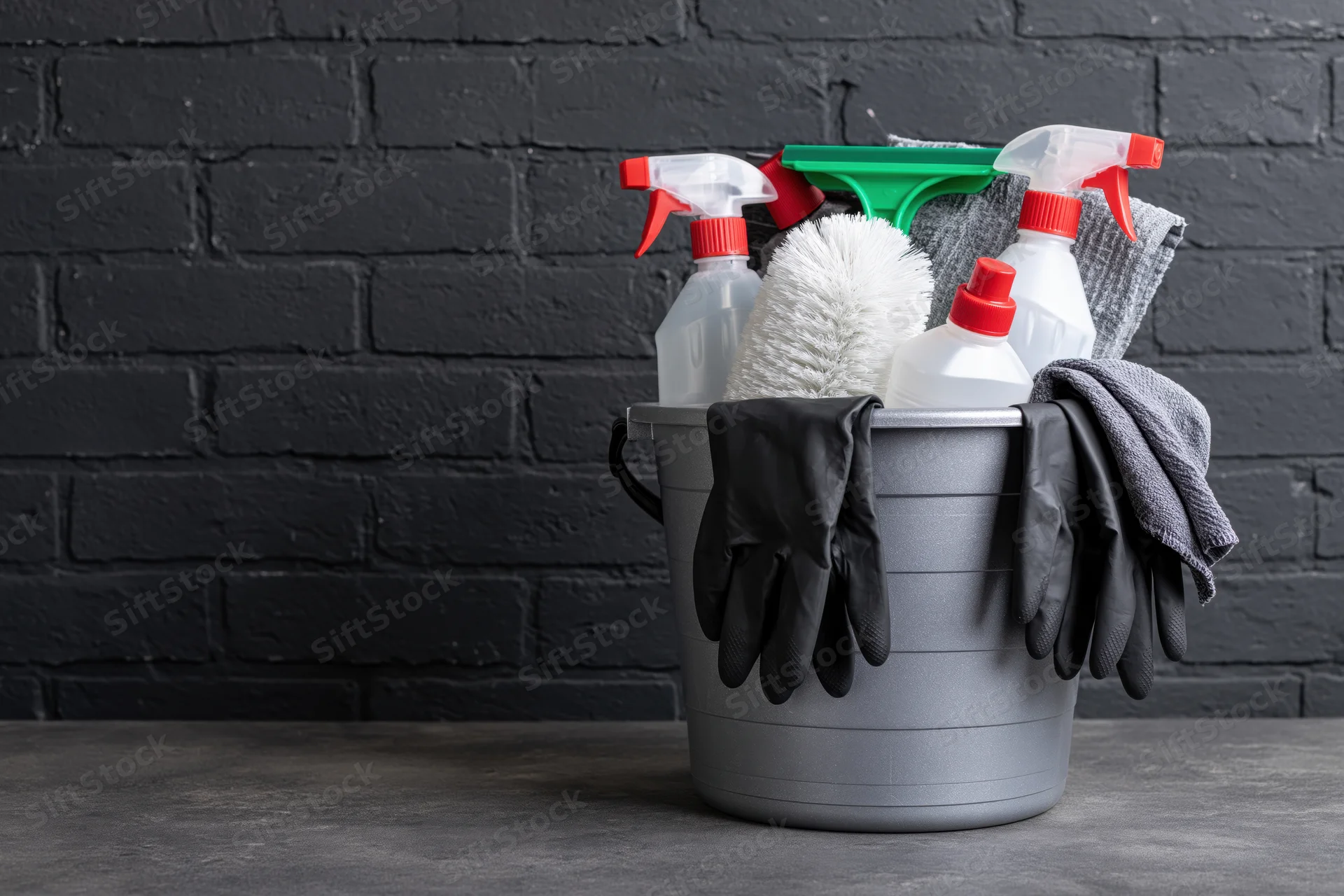 Gray plastic bucket filled with cleaning supplies including spray bottles, gloves, brush and towel on a dark brick wall background
