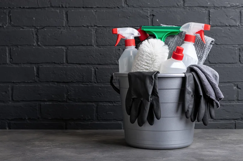 Gray plastic bucket filled with cleaning supplies including spray bottles, gloves, brush and towel on a dark brick wall background