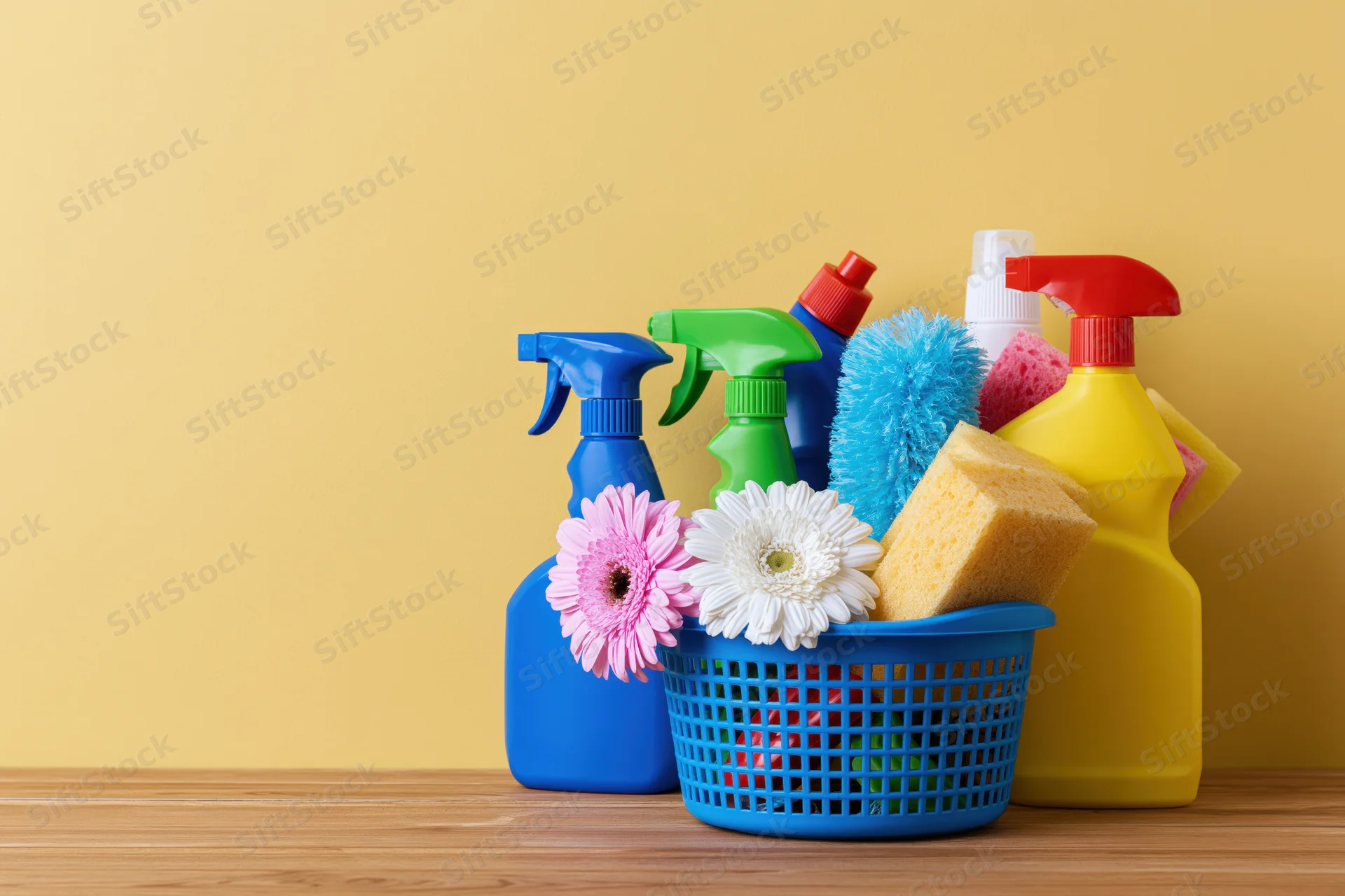 Cleaning supplies arranged in a blue basket with flowers on a wooden surface