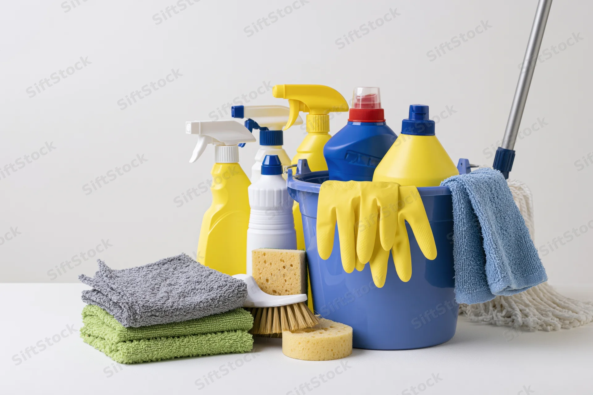 Household cleaning supplies arranged on a white surface with bucket, mop, gloves, and spray bottles