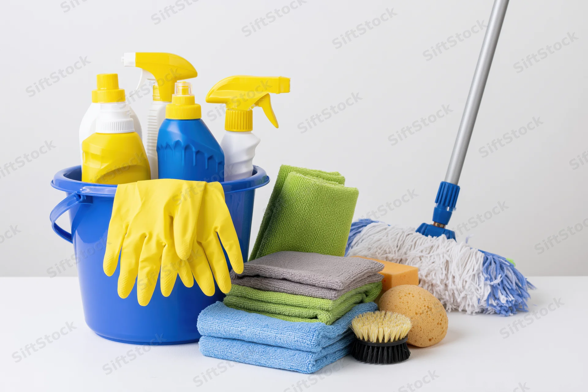 Household cleaning supplies arranged in a bucket with mop, gloves, cloths and sponges on white surface