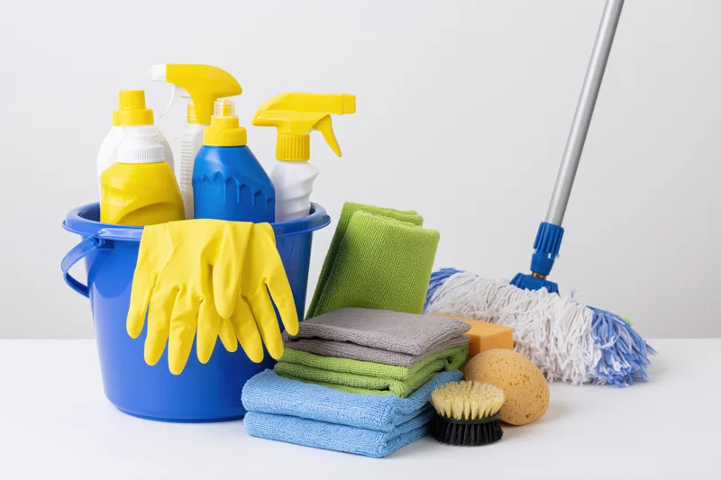 Household cleaning supplies arranged in a bucket with mop, gloves, cloths and sponges on white surface