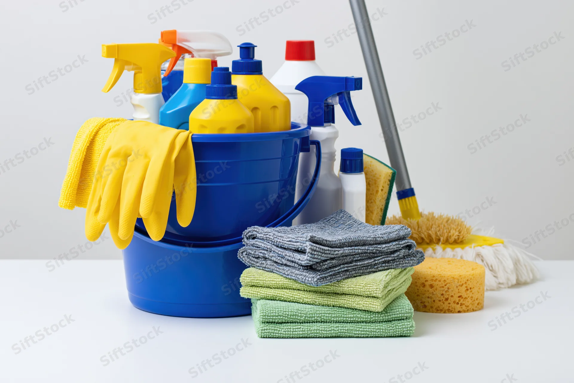 Household cleaning supplies arranged on a white surface with buckets, spray bottles, gloves, sponges and cloths
