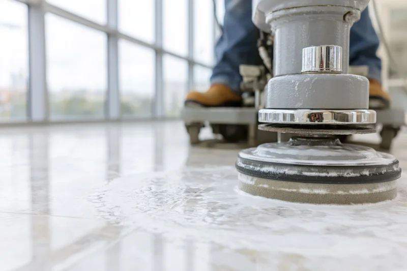 Industrial floor polishing machine buffing white tile floor in commercial building interior