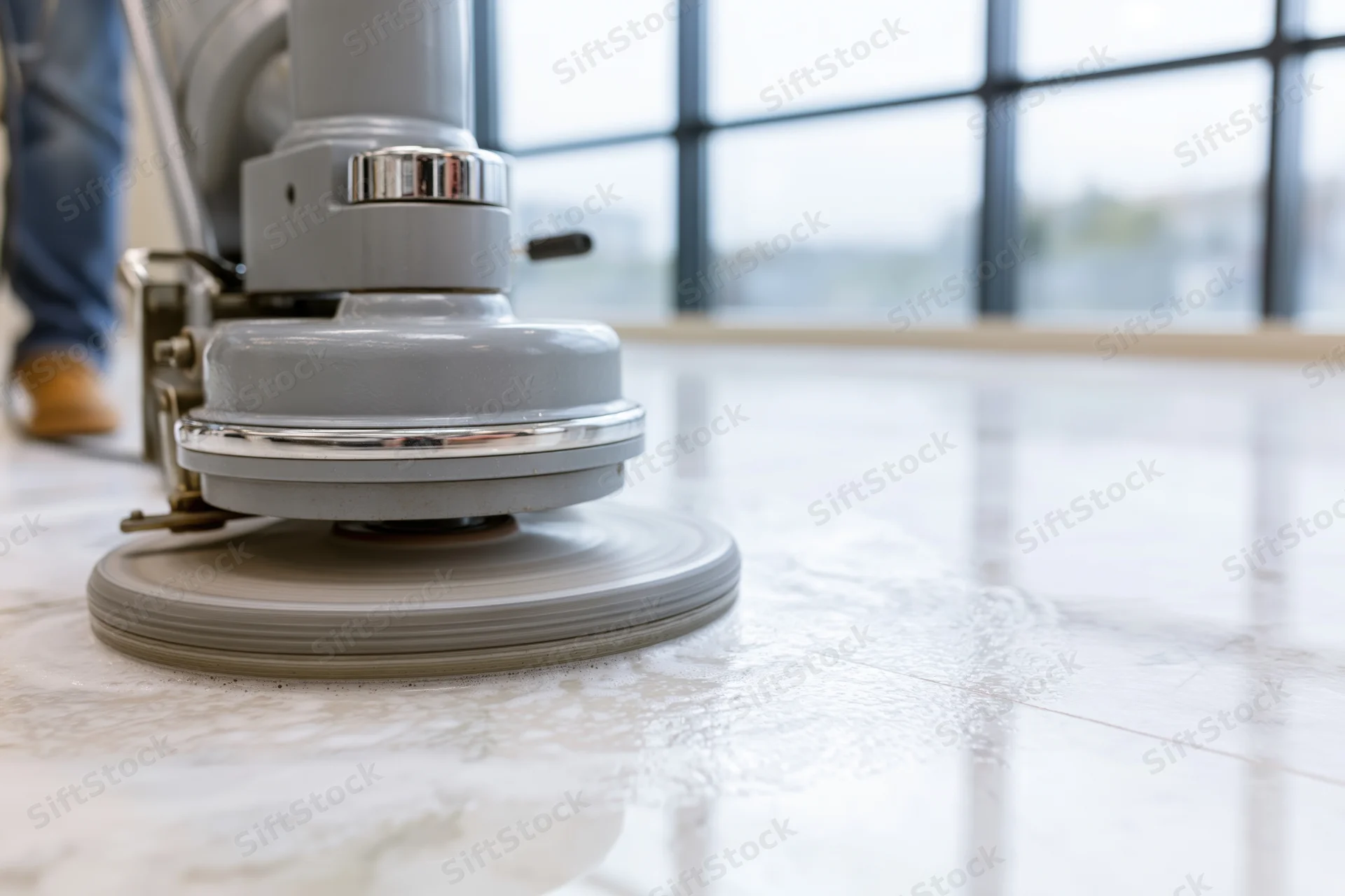 Industrial floor polishing machine buffing white marble tile in commercial interior