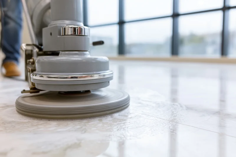 Industrial floor polishing machine buffing white marble tile in commercial interior