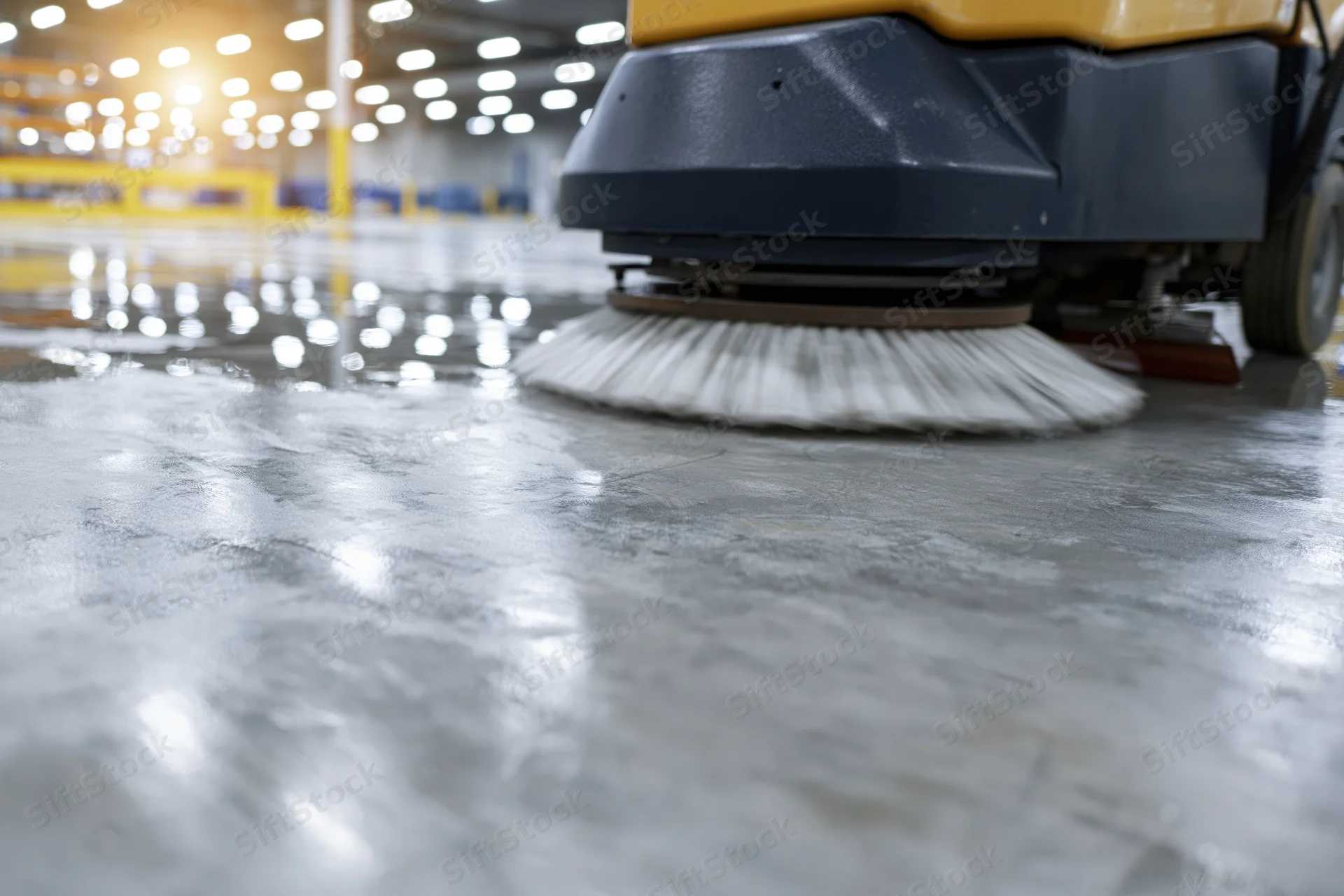 Industrial floor scrubber machine cleaning wet concrete floor in warehouse