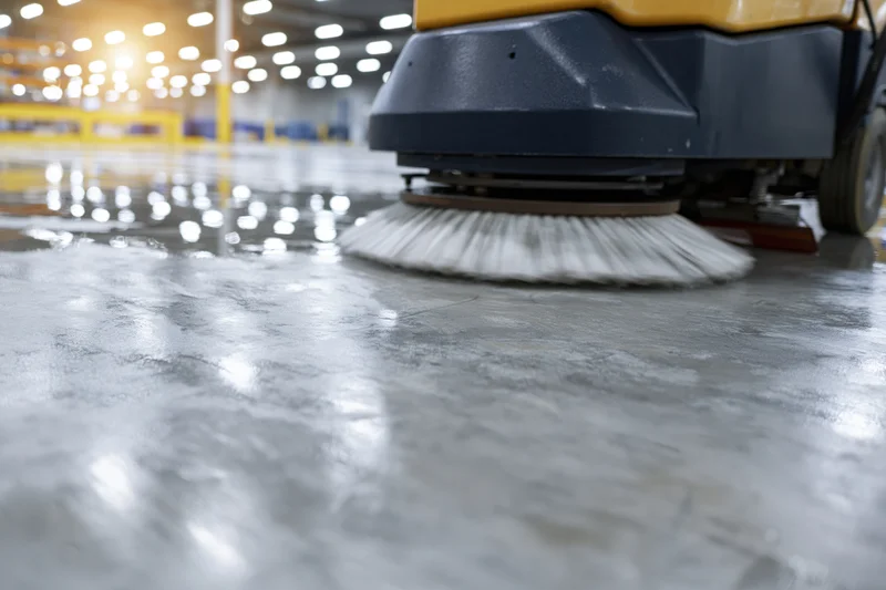 Industrial floor scrubber machine cleaning wet concrete floor in warehouse