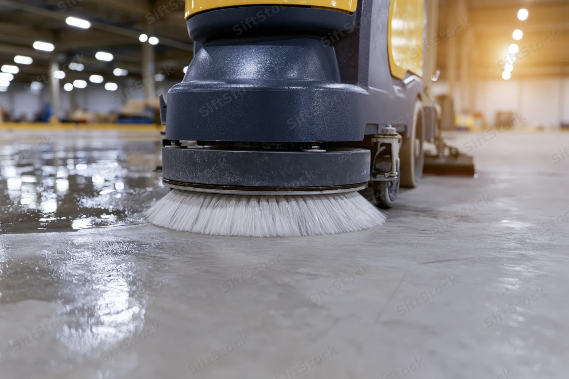 Industrial floor scrubber machine cleaning wet concrete floor in warehouse