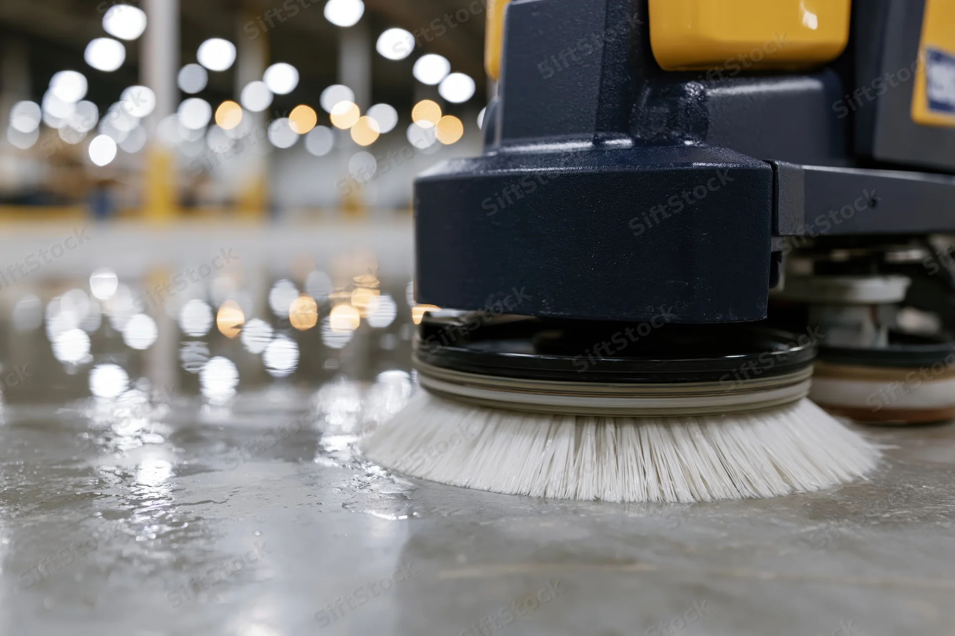 Industrial floor scrubber machine cleaning wet concrete floor in warehouse interior