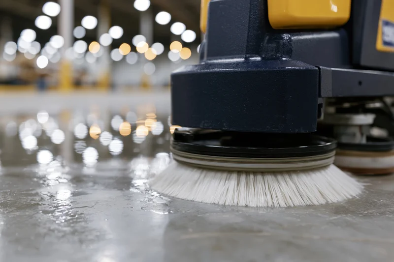 Industrial floor scrubber machine cleaning wet concrete floor in warehouse interior