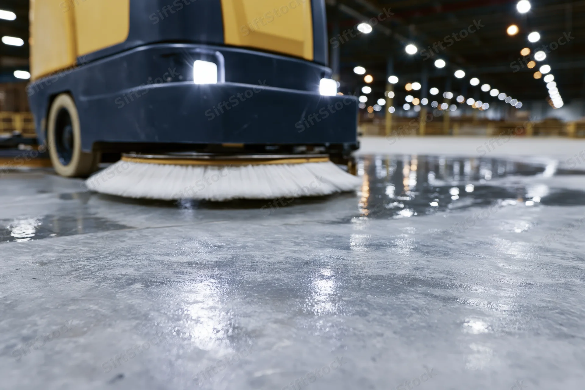 Industrial floor scrubber machine cleaning wet concrete floor in warehouse