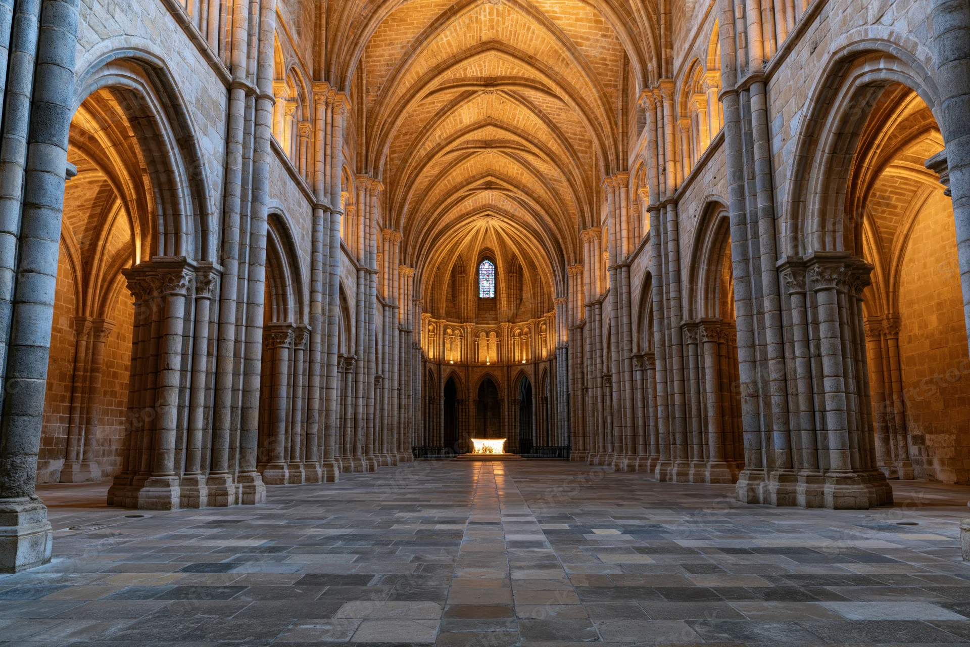 Interior of a medieval gothic cathedral nave with stone columns and vaulted ceiling leading to altar