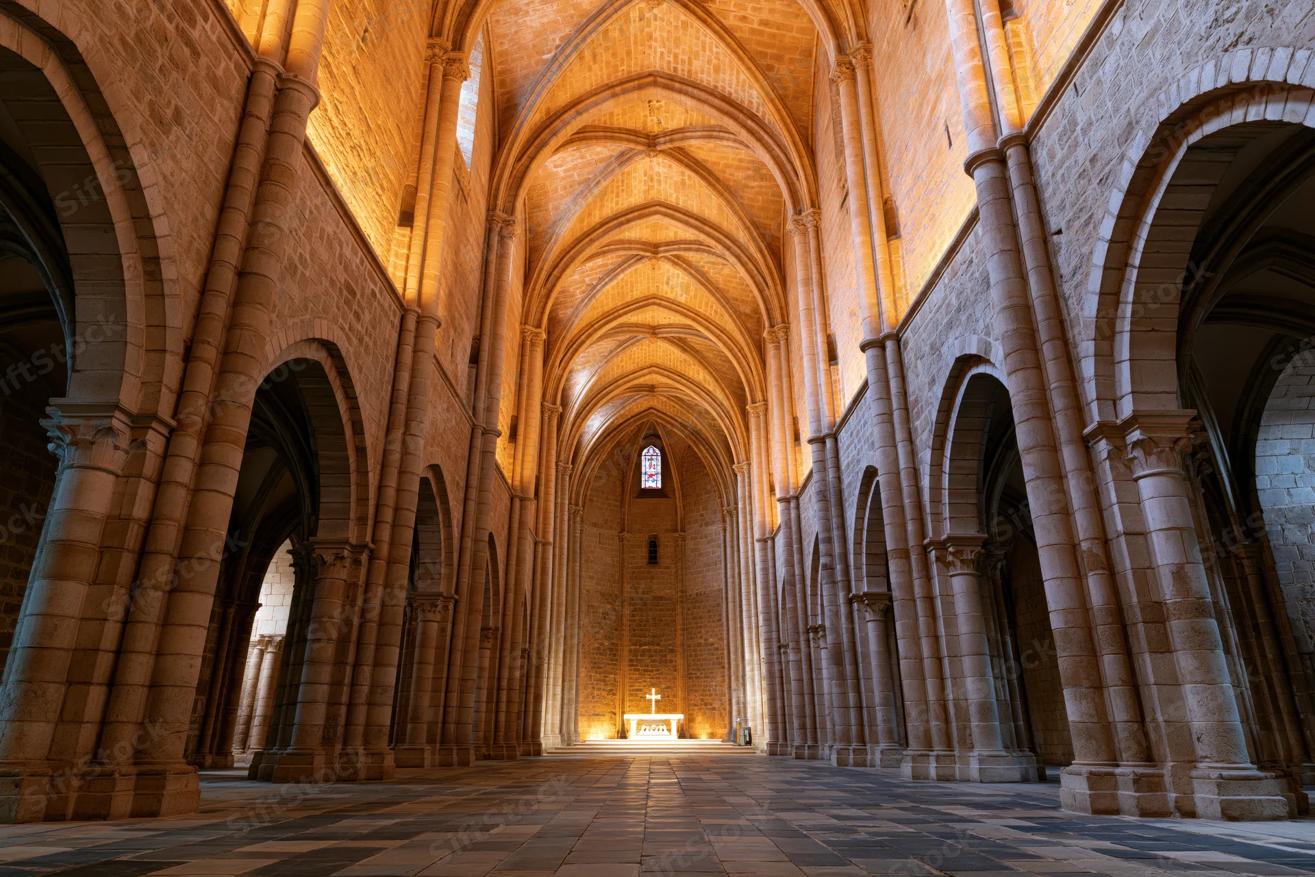 Interior of a medieval gothic cathedral nave with stone arches and columns leading to an altar with a cross